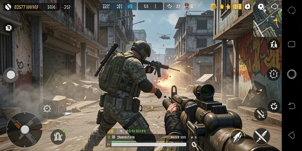 Menampilkan aksi intens dalam gameplay TPS EOS77.