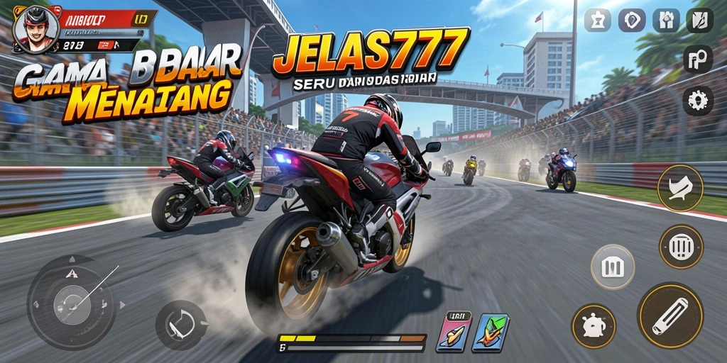 Tampilan gameplay seru dalam JELAS777 dengan balapan motor yang mendebarkan.