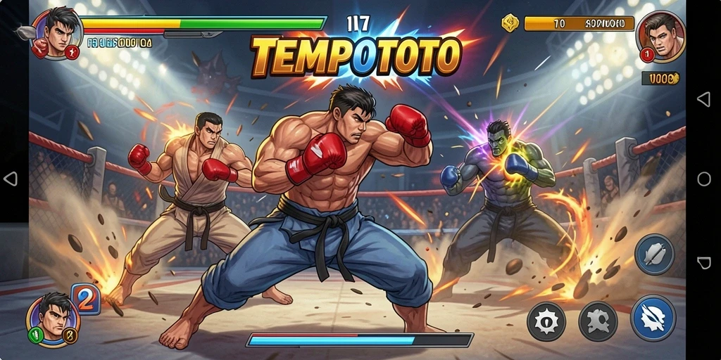 Tampilan gameplay TEMPOTOTO yang menunjukkan aksi pertarungan yang mendebarkan.